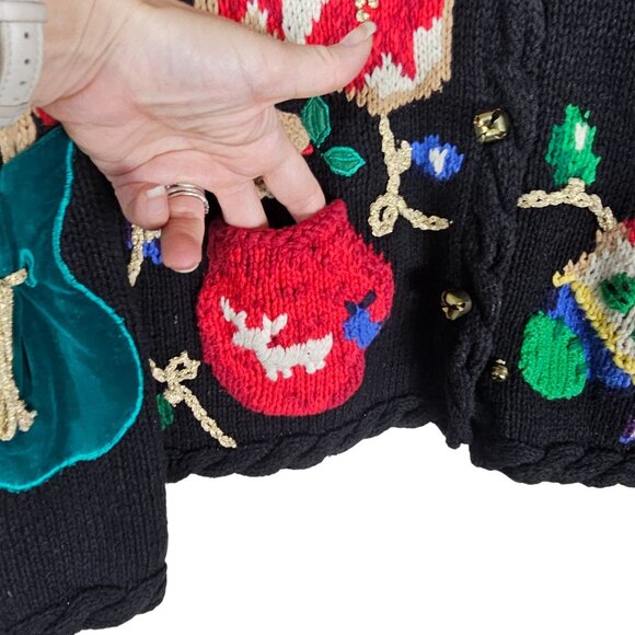 Vtg 90s Eagles Eye Christmas Sweater L Multi Hand Knit 3D Embellished Festive - Picture 4 of 11